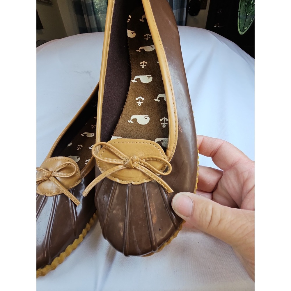 London Fog Webster Women's Duck Slip On Rubber Rain Shoes Dk. Brown/ Tan Size 11 - Picture 9 of 11